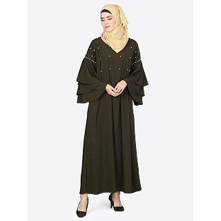 Pearl beaded abaya with Bell sleeves- Olive Green